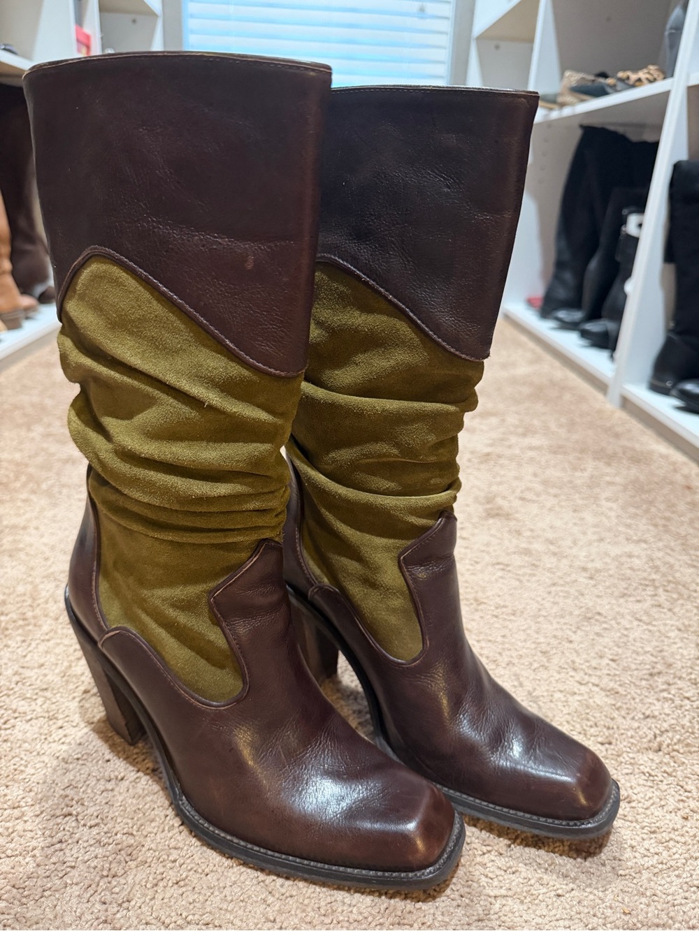 ANTONIO MELANI Brown Leather and Olive Green Slouch Heel Boots